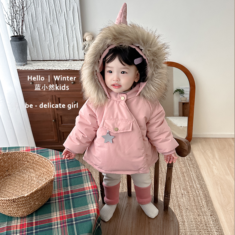 K24D126儿童女宝宝韩版洋气百搭冬季厚款巫师帽毛领棉服派克服