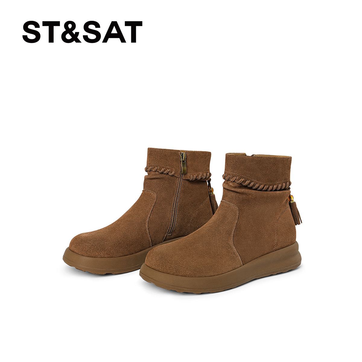 St&Sat/星期六秋冬真皮时装靴复古流苏女靴百搭休闲时尚平底短靴