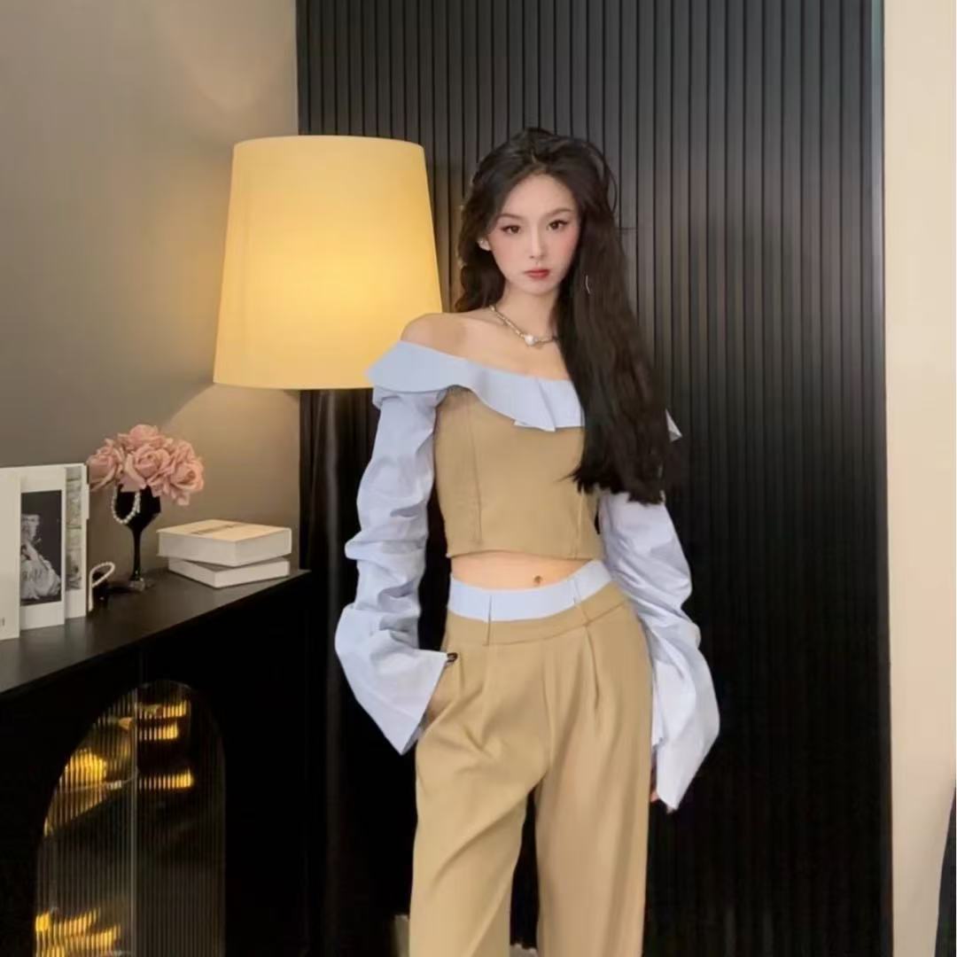 【清仓现货NO退NO换】新款条纹衬衫拼接上衣+高腰直筒阔腿裤套装