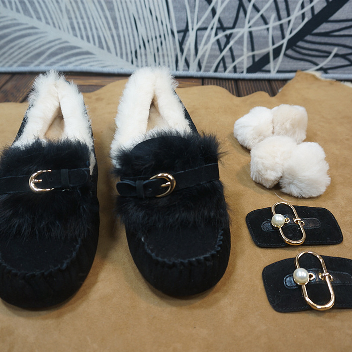 秋冬新款牛皮羊毛女士豆豆鞋三穿装饰扣平跟橡胶底乐福鞋7-14