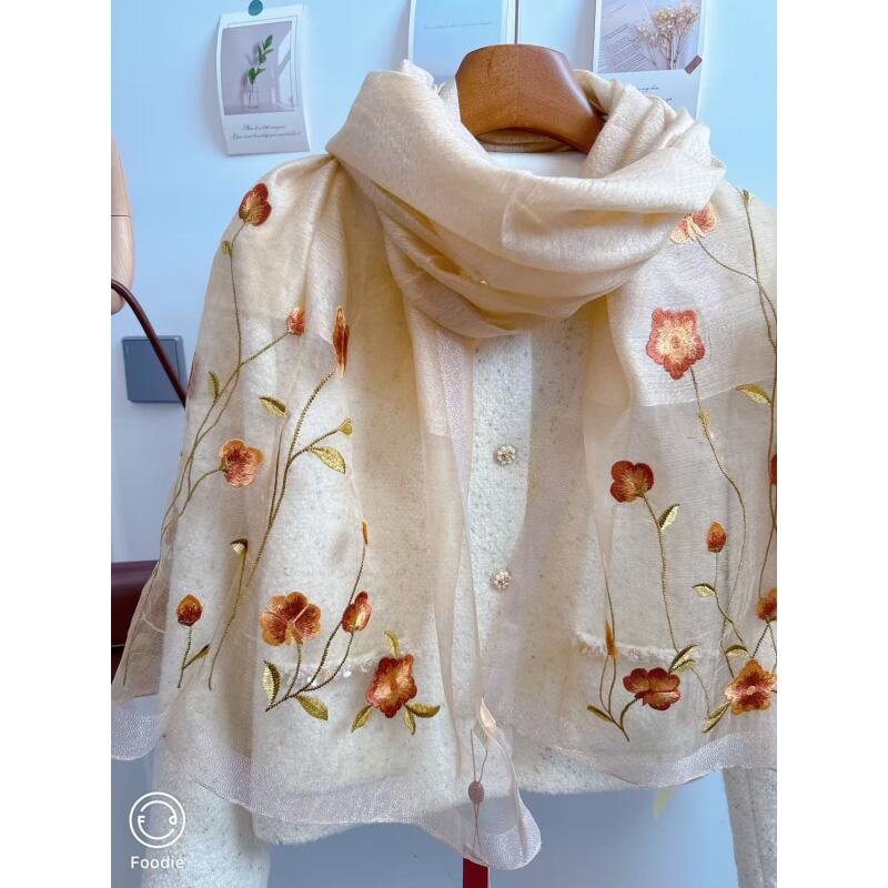 【杏色 丝锦兰馨】秋冬送礼新款高档送礼中国风高端刺绣丝巾女轻薄