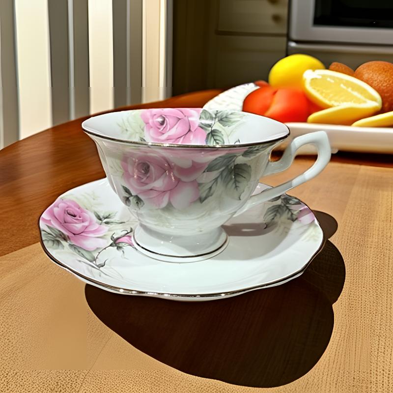 粉玫瑰花卉釉娇美灵动，描金边饰添轻奢感，下午茶的雅致搭配之选。