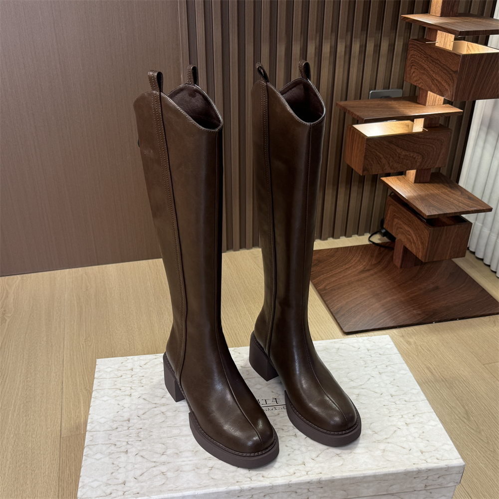 ·【5cm】34-41牛皮/单/绒里新款皮带扣秋冬百搭真皮长靴女
