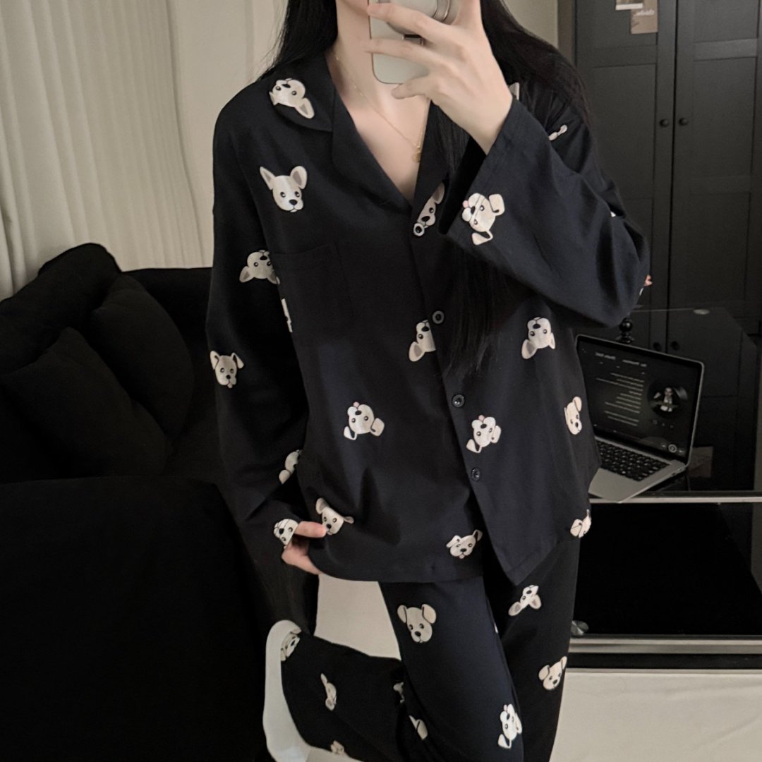 韩版ins开衫纯棉开衫睡衣女春秋卡通大码情侣长袖长裤家居服套装