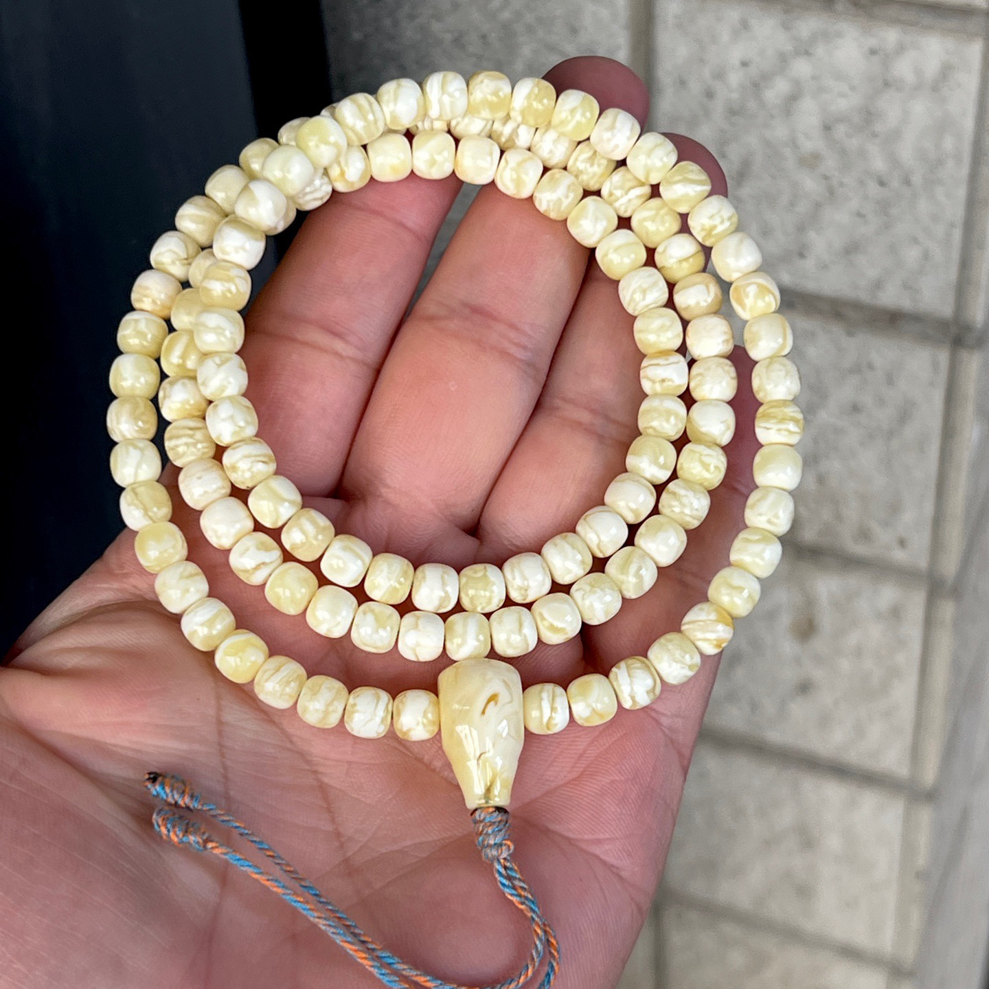 16.3克 6mm精品原矿俄罗斯瓷白虎皮纹千层雪蜜蜡108佛珠手链