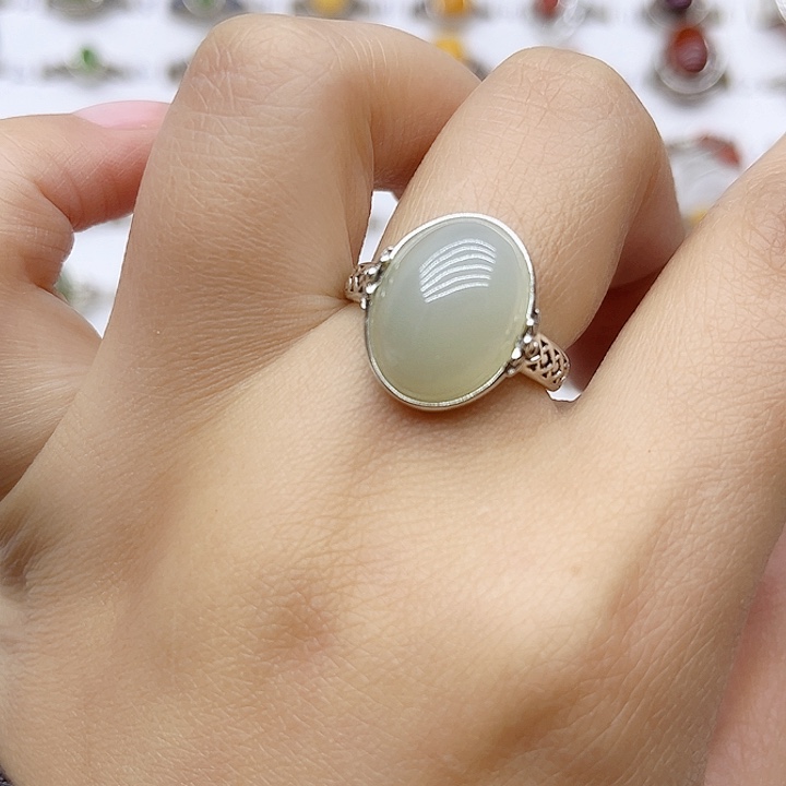 和田玉戒指银S925镶嵌天然