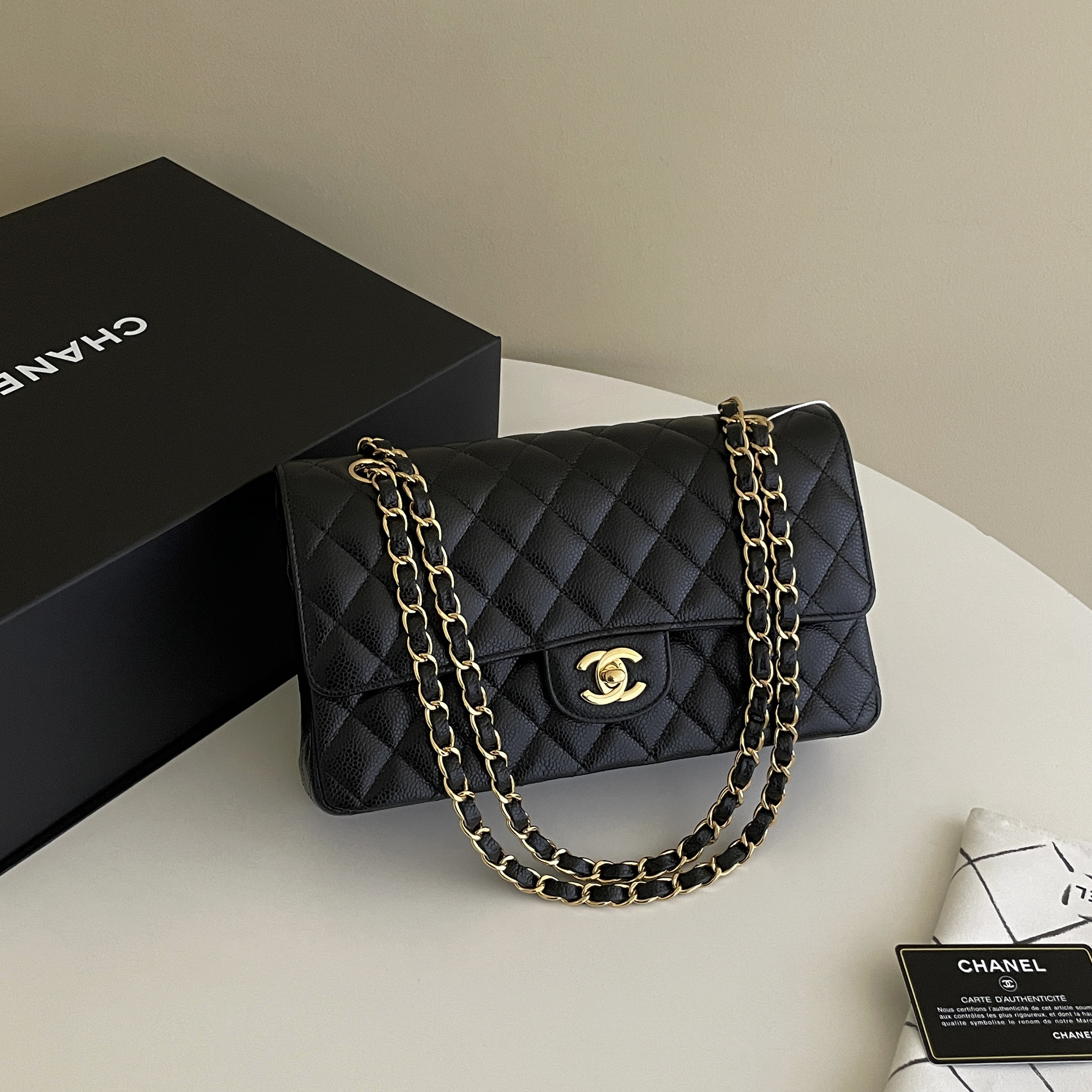 99新 Chanel/香奈儿 黑金荔枝牛中号CF单肩斜挎包 6429