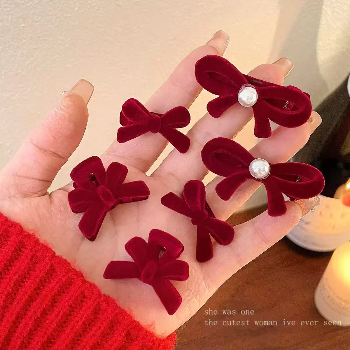 新年红色丝绒珍珠蝴蝶结刘海发夹发圈高级感侧马尾编发夹子圣诞头