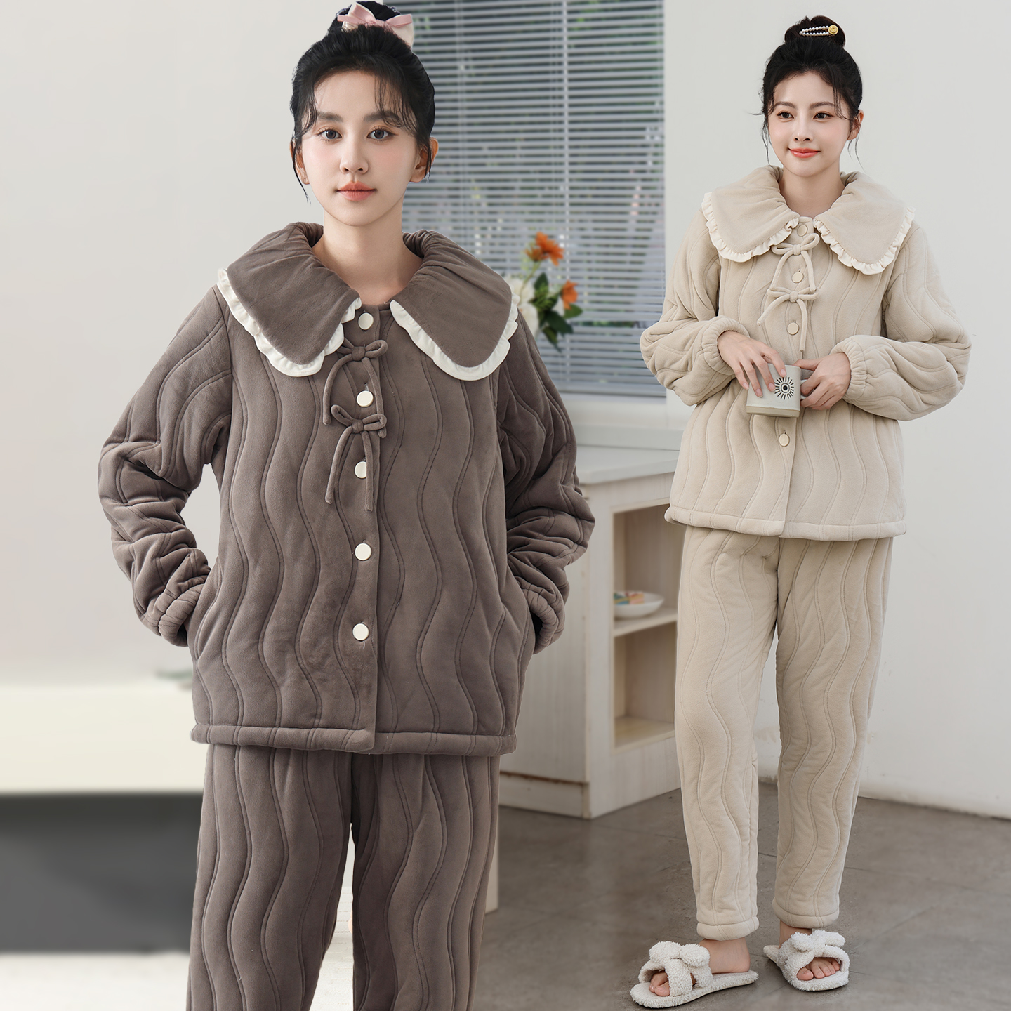 家居服两件套装长款长裤居家冬季厚款夹棉睡衣适穿温度-5°C~10°C