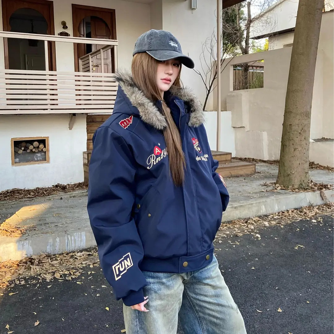 美式复古刺绣徽章座山雕棉衣外套男女款冬季加厚保暖情侣连帽夹克