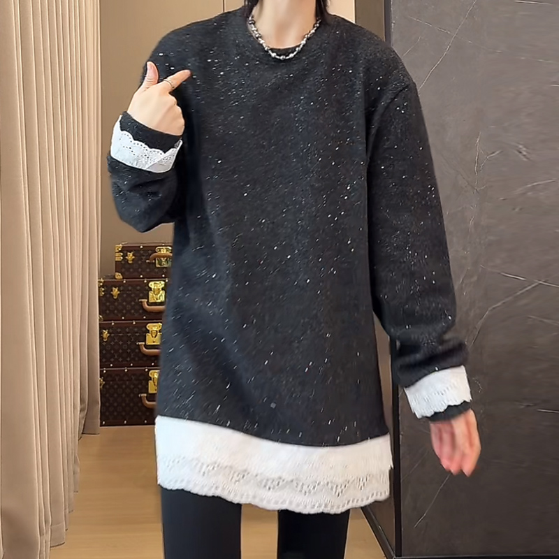 韩版简约风圆领长袖下摆蕾丝拼接T恤2025春季新款软糯百搭上衣女