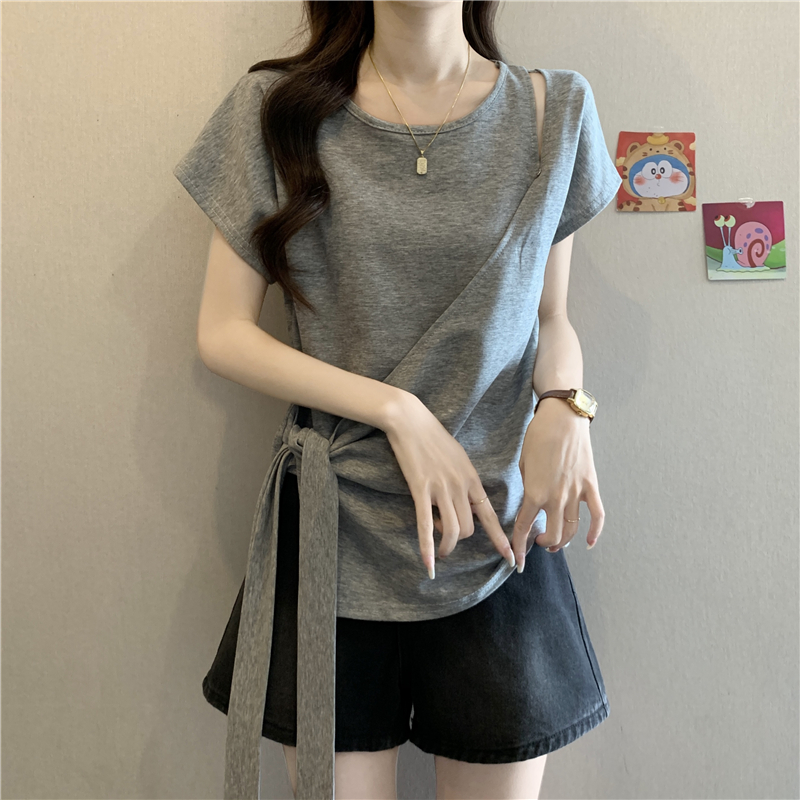 大码女装遮肚子不规则绑带正肩短袖T恤女胖妹妹显瘦遮肉别致上衣