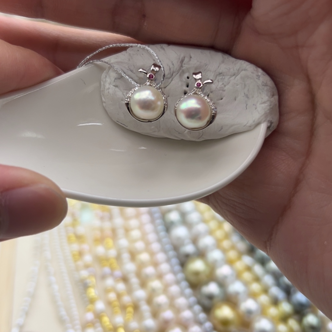 银S925镶嵌耳饰海水珍珠7.3mm海水Ak钱袋耳钉