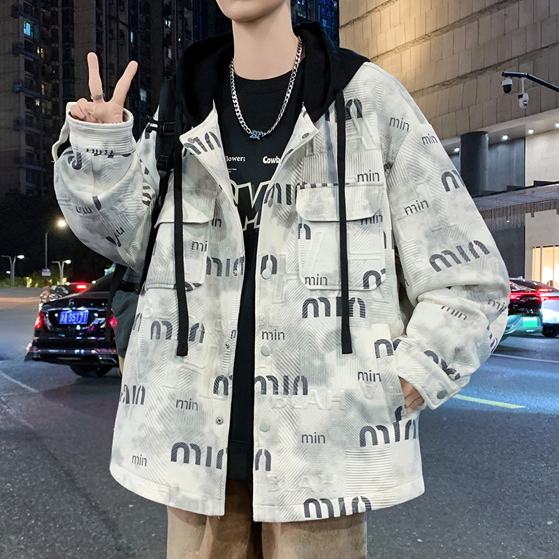 青少年ins时尚上衣新款2025外套潮流休闲宽松痞帅气连帽夹克男装