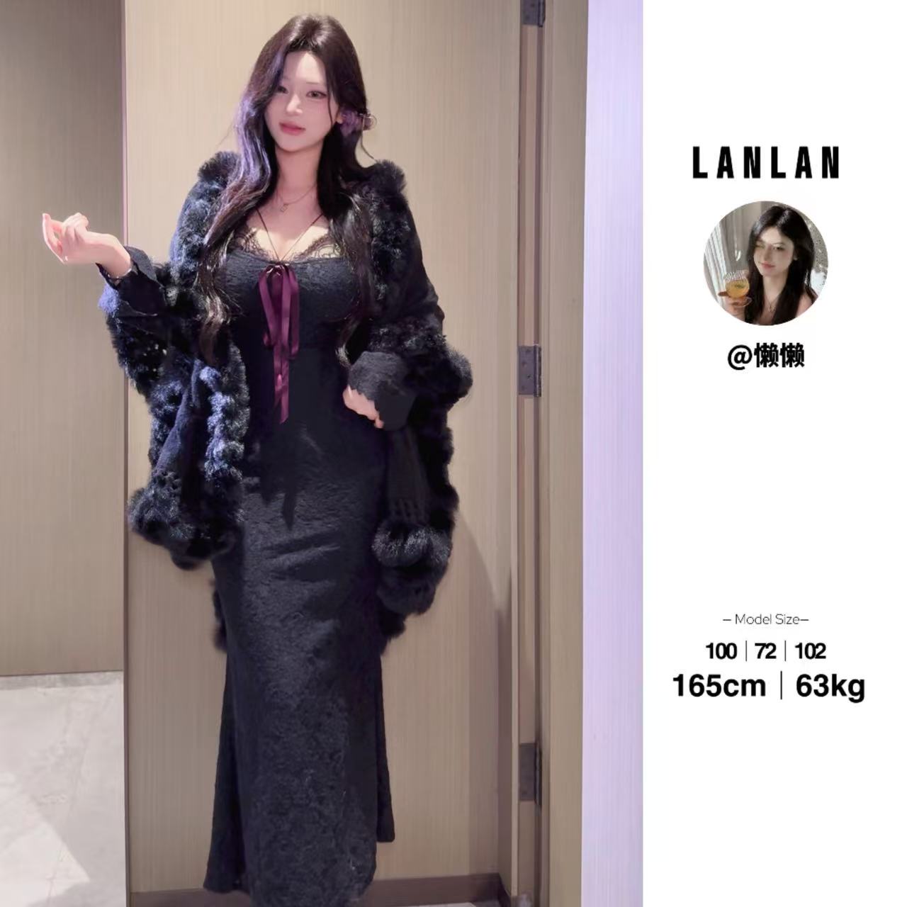 Lanlan-【蕾蕾千金】御姐轻熟风复古黑色蕾丝气质长裙显瘦连衣裙