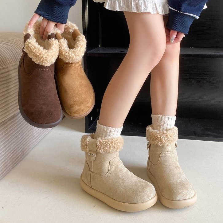2025秋季新款时尚雪地靴圆头鞋头松糕底跟底橡胶鞋底绒面帮面