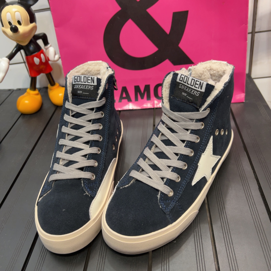 6381冬季韩版纯皮做旧高腰拉链藏蓝色牛皮小脏鞋女款潮鞋棉鞋保暖