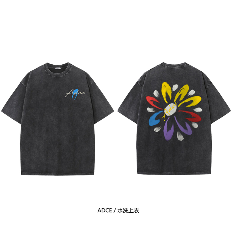ADCE【短袖-太阳花】纯棉300克重磅oversize水洗T恤做旧宽松短袖男