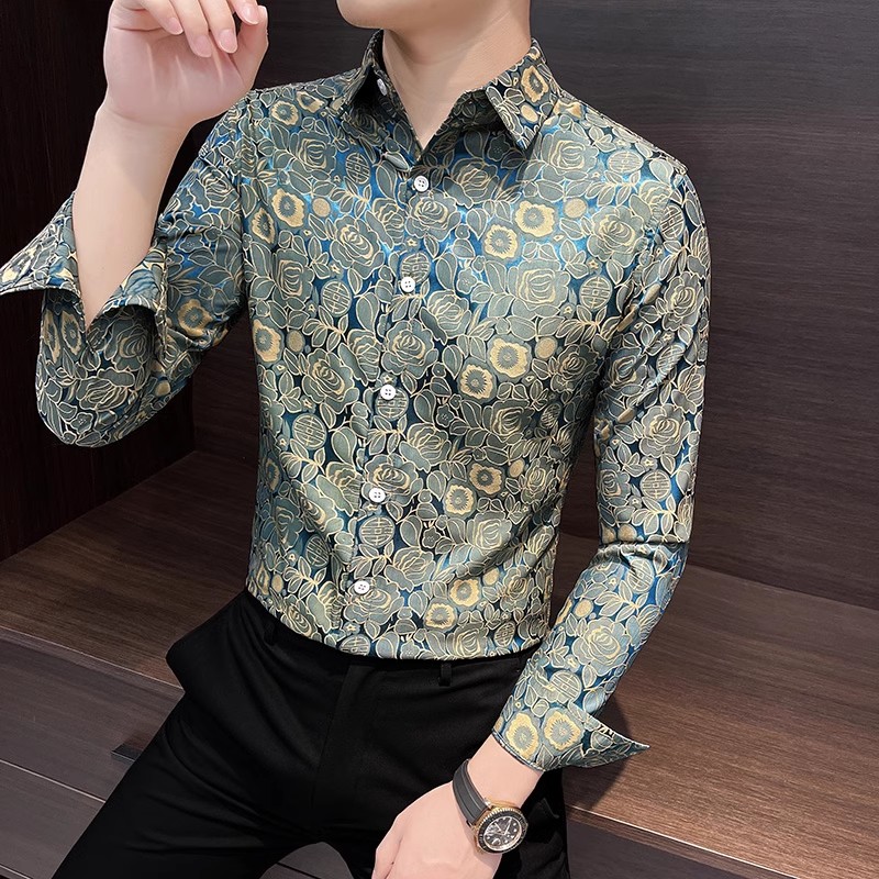 男士长袖花衬衫春秋痞帅高级感印花上衣雅痞男装2025新款衬衣男款