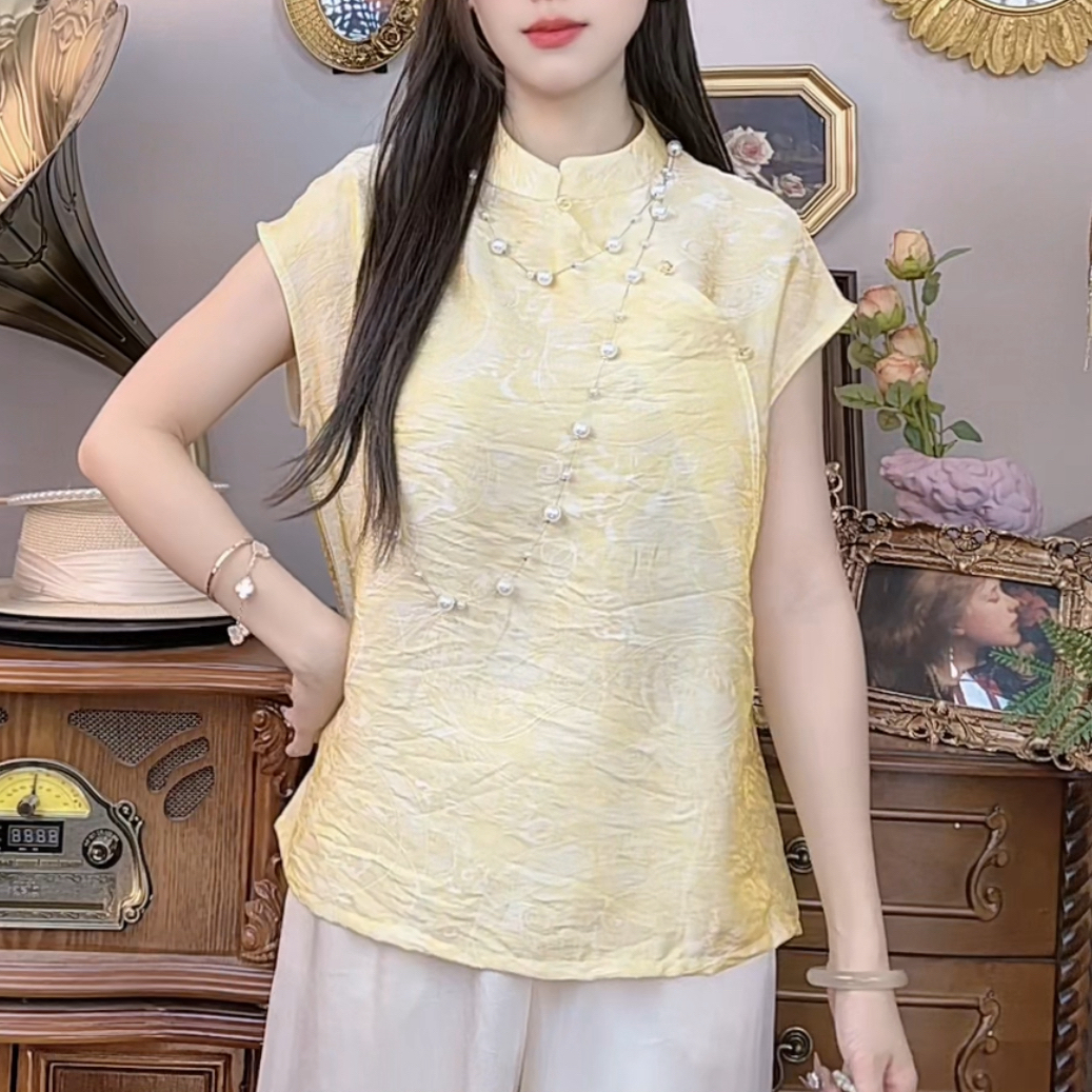 立体提花高端人丝香云纱轻薄国风小衫衬衣夏季新款新中式短袖上衣