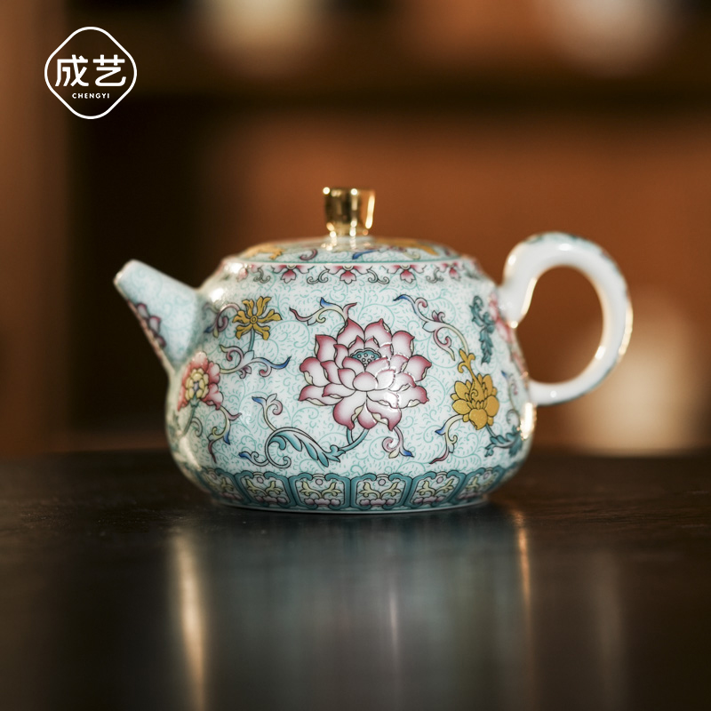 莲韵拓香壶描金高端陶瓷泡茶壶精美家用珐琅彩茶具
