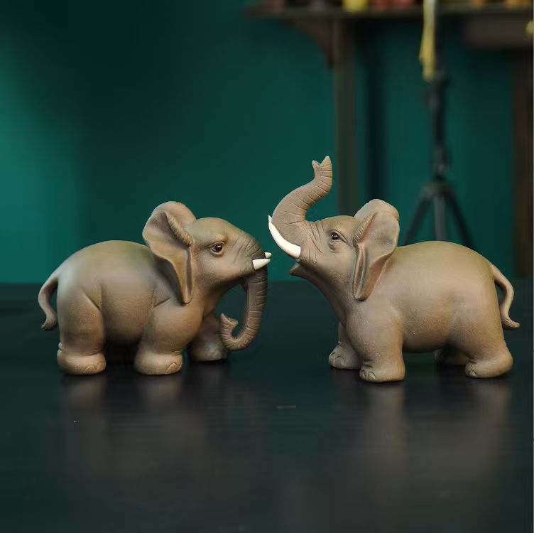 大象一对 宜兴紫砂茶宠