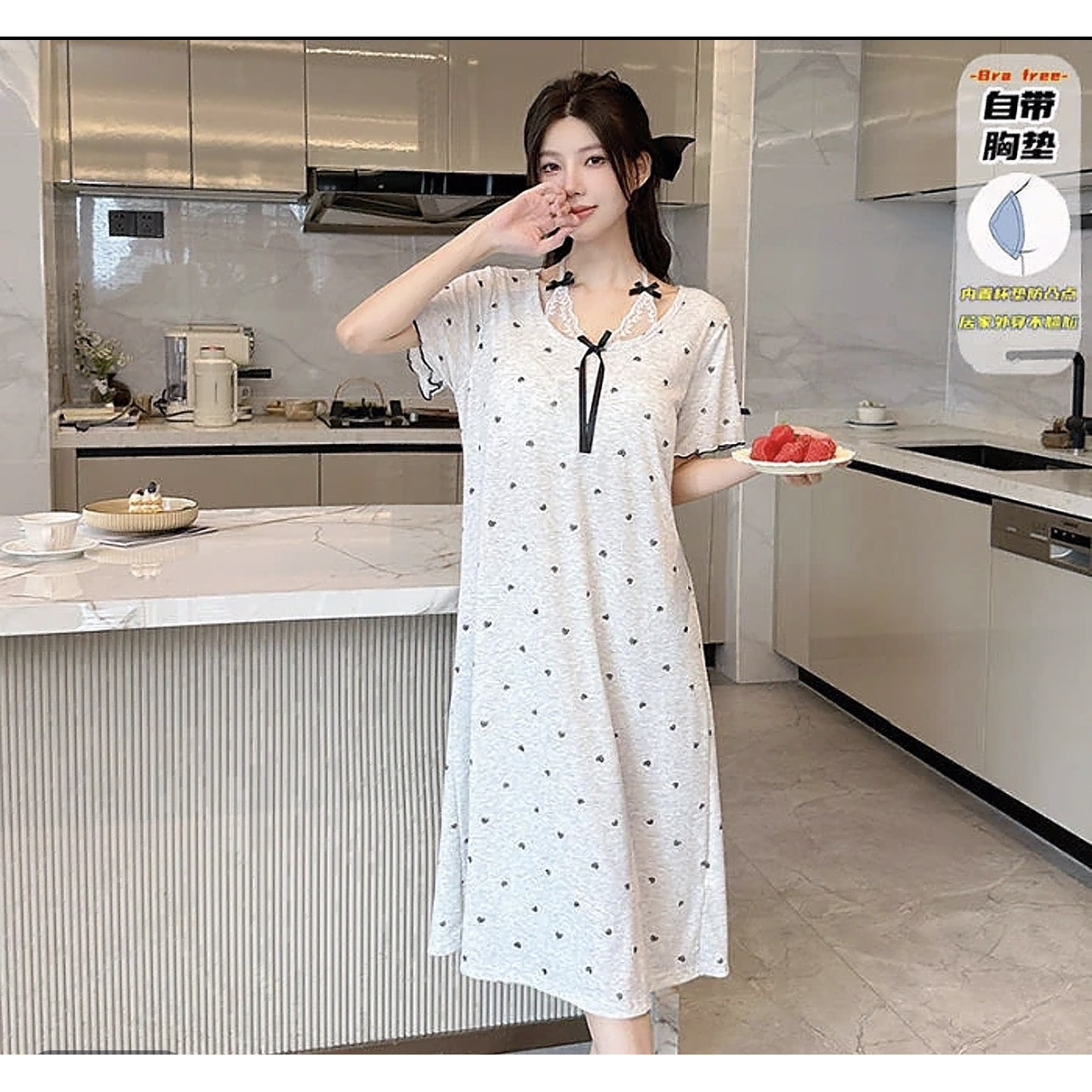 73-夏季新款桃心拼接蕾丝蝴蝶结带胸垫裙