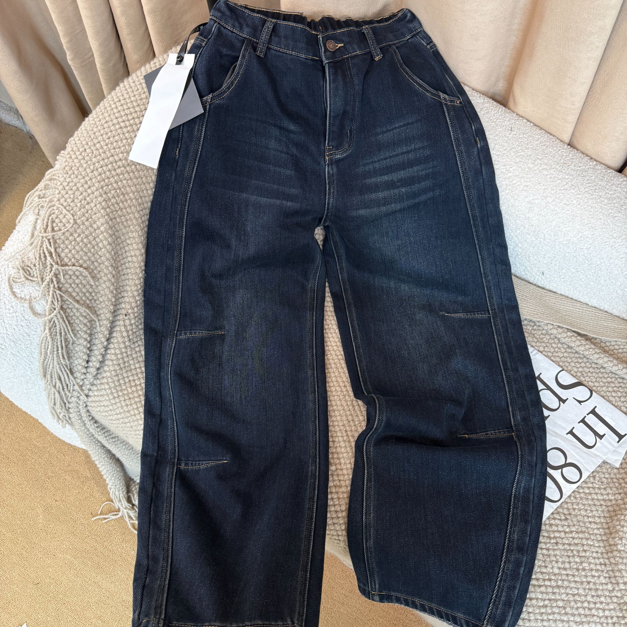 3103深蓝色牛仔裤宽松女裤弯刀裤修身牛仔裤水洗秋冬加绒