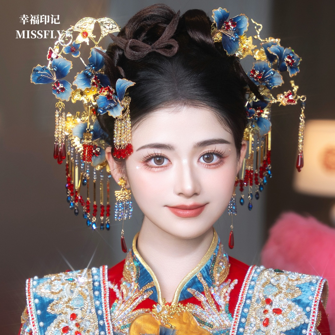 金红蓝色秀禾头饰水凝胶花朵新中式分体套装高级感高品秀禾发饰