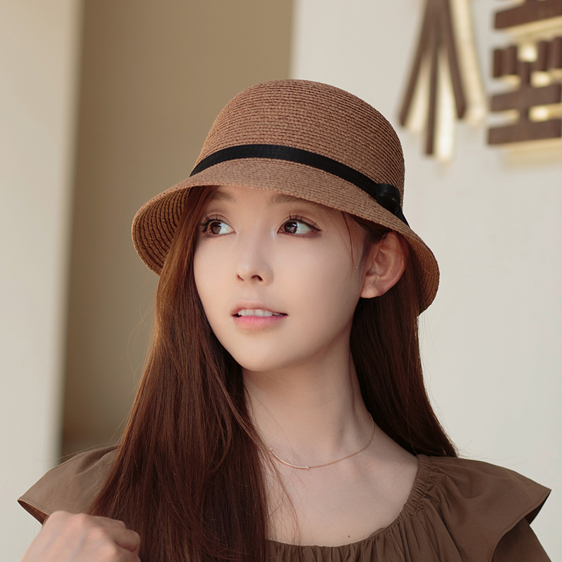 日系简约小蝴蝶结渔夫帽子女夏季防晒拉菲草盆帽可折叠草编