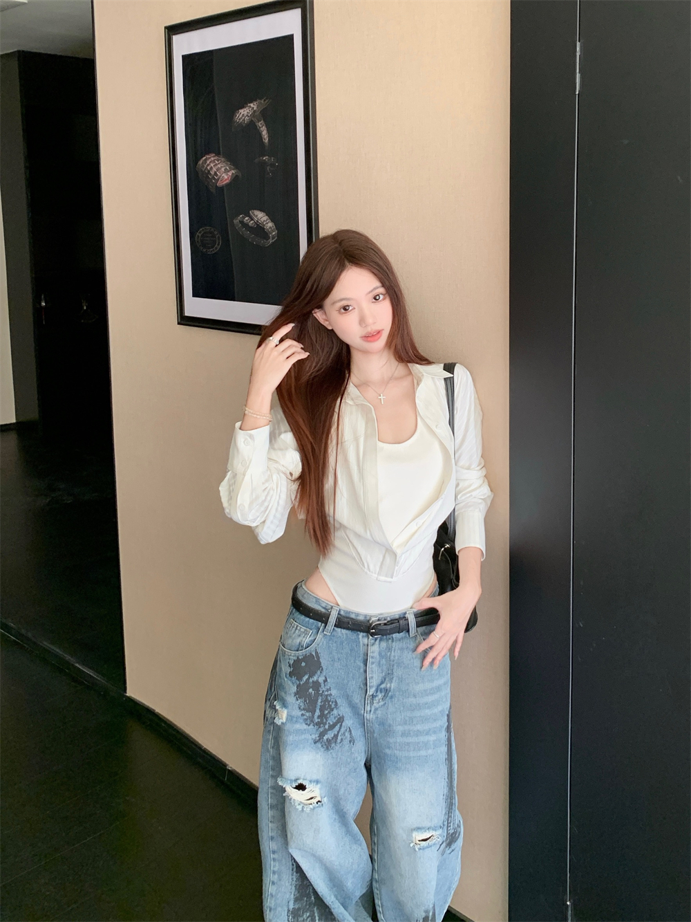 纯欲假两件连体设计感衬衣法式薄款收腰polo领长袖上衣