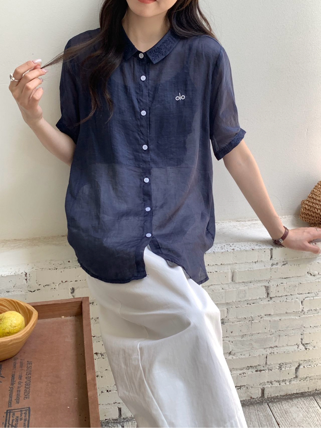 〔文艺范刺绣苎麻〕〔不可机洗〕韩范工艺刺绣小翻领苎麻短袖衬衫