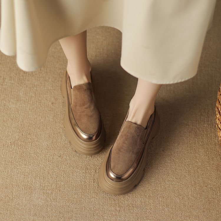 8厘米厚底真皮老爹鞋女单鞋圆头松糕鞋子2025春季网红增高乐福鞋