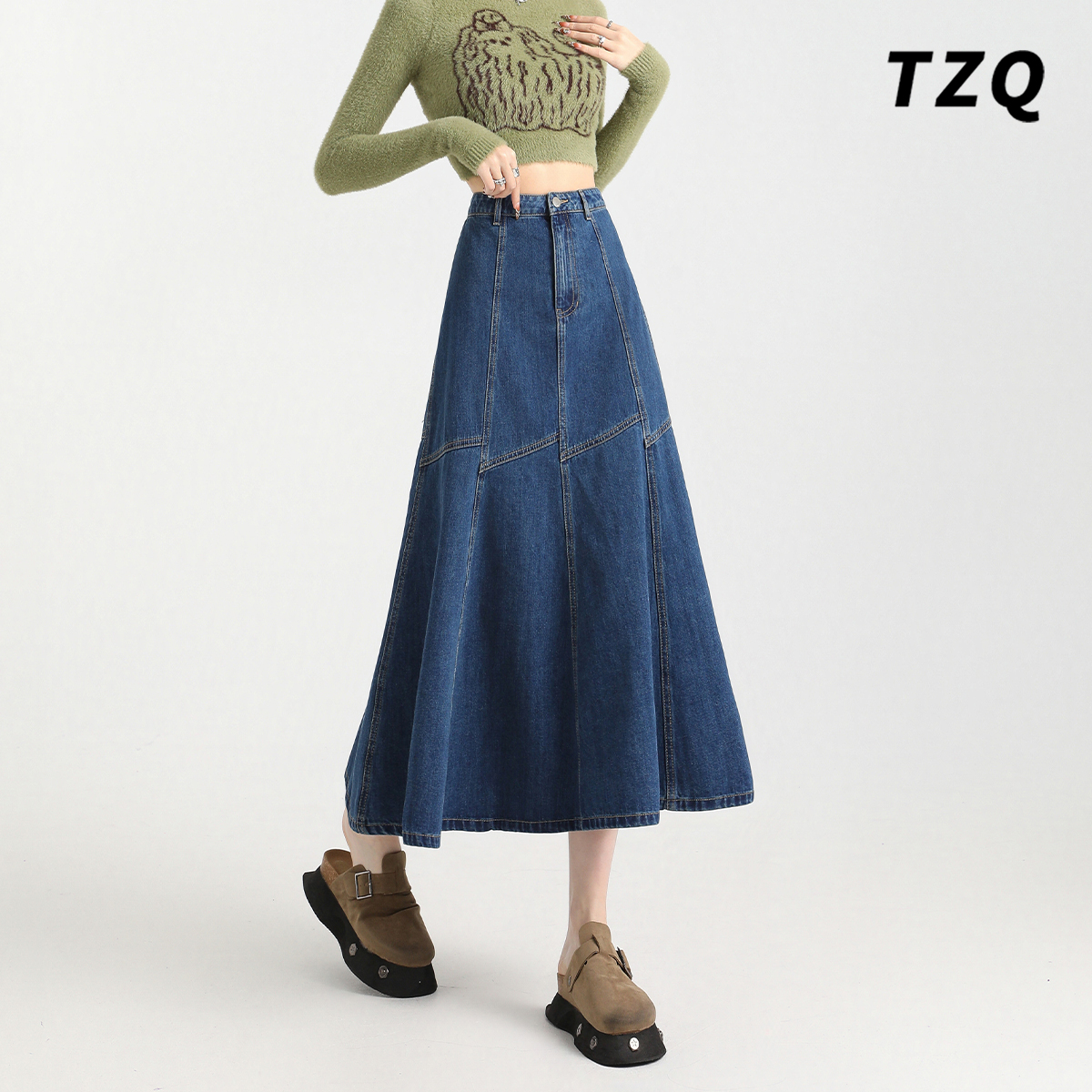 拼接牛仔大裙摆半身裙女夏季新款中长款显瘦高腰长裙子TZQ2572215