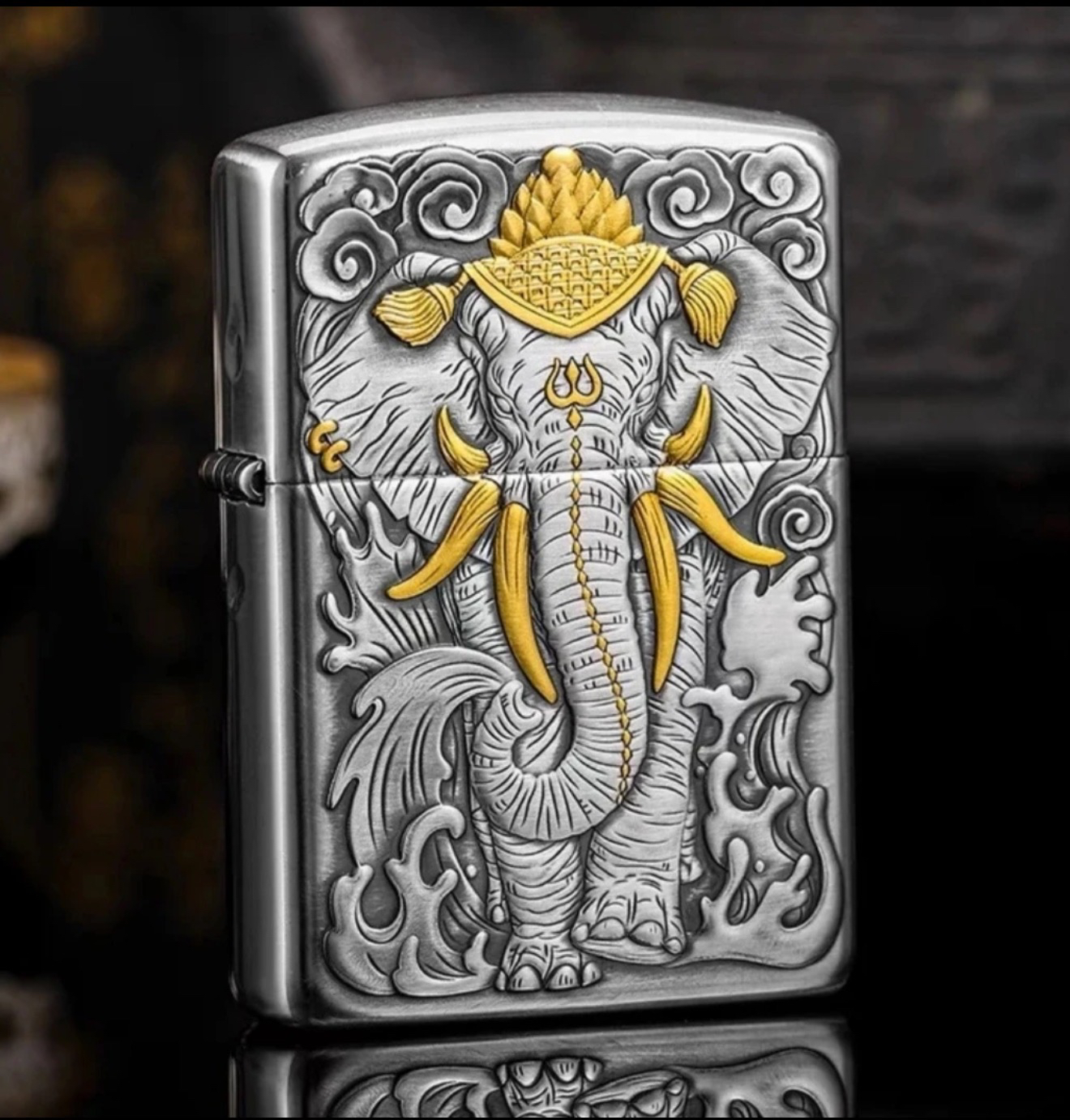 ZIPPO打火机纯银錾金24k盔甲机六牙神像3D浮雕DYJ1