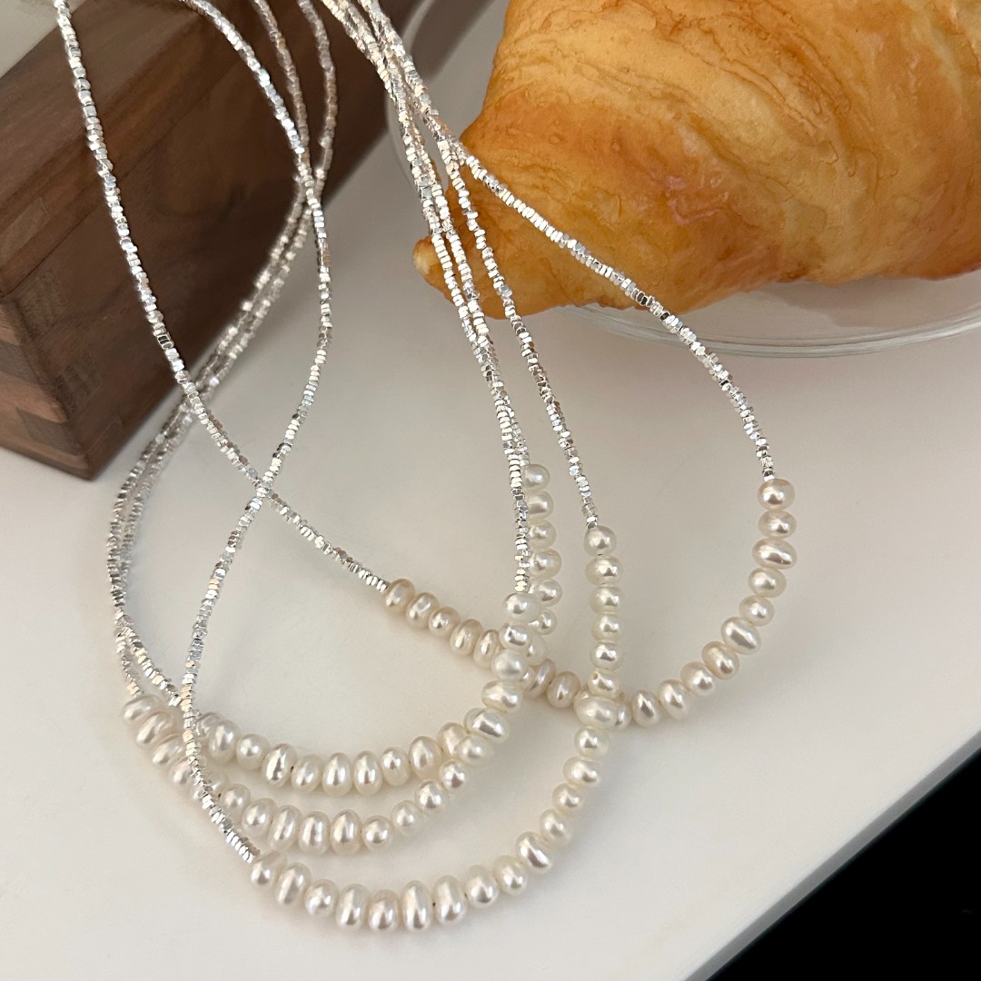 链子925银 ins风简约个性碎银夹珠珠项链女气质毛衣链 2491