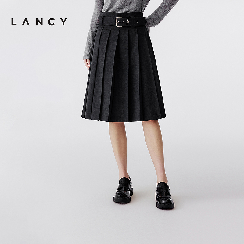 【纯羊毛】LANCY/朗姿2025冬季新款学院风通勤压褶A字腰带半身裙
