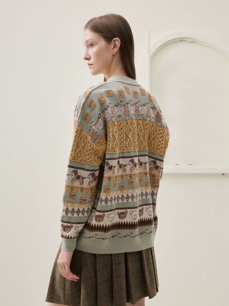 谜底针织开衫长袖2025冬季新品时髦廓形原创图案毛衣女254MZ1916