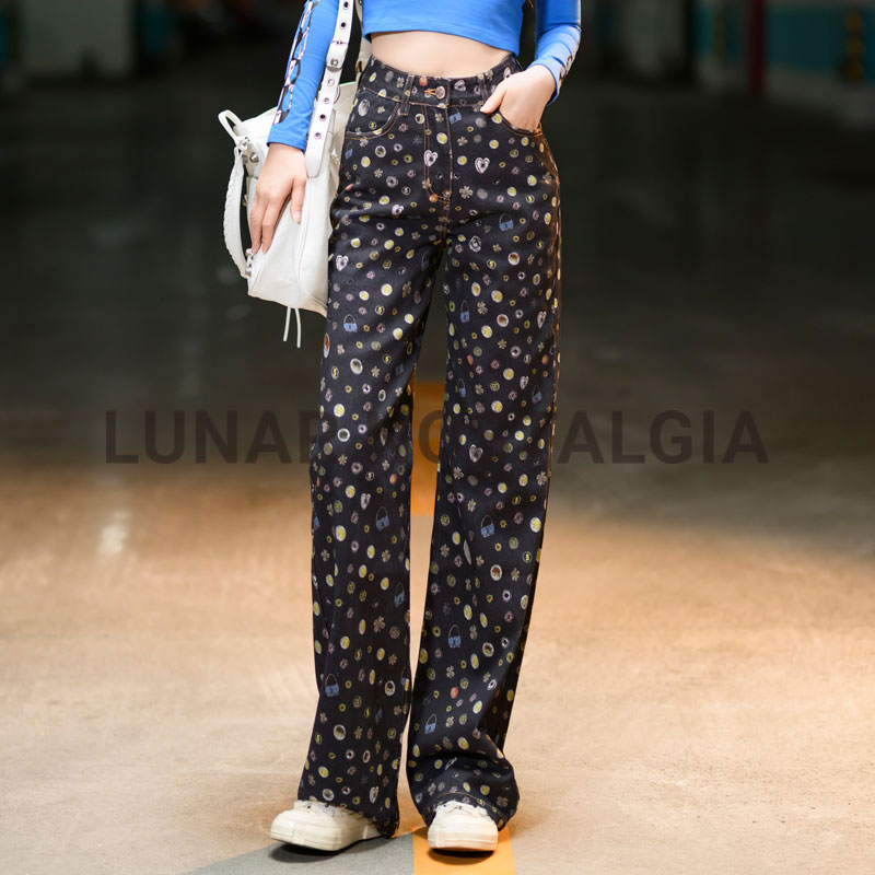 小香风复古彩色3D打印高街法式流光千金少女风高腰宽松直筒牛仔裤