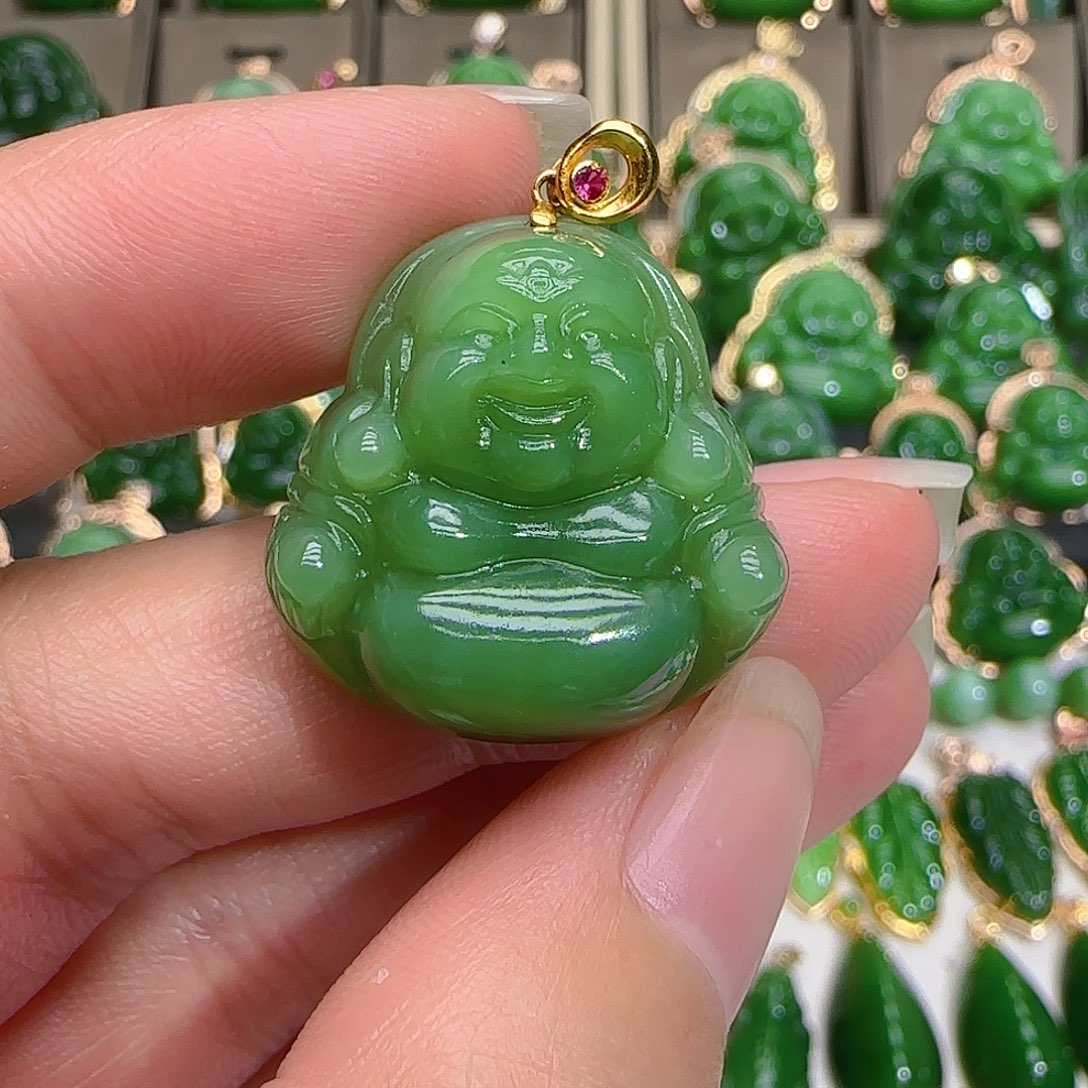 和田玉（碧玉）吊坠(不含链)18K金镶嵌