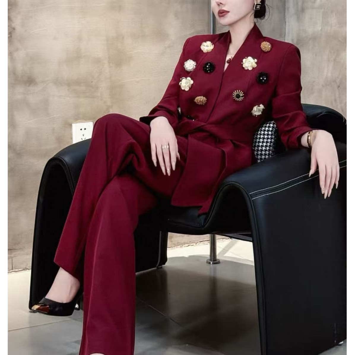 【晨浠定制】新款气质V领不规则订花腰带长裤西装套装8057