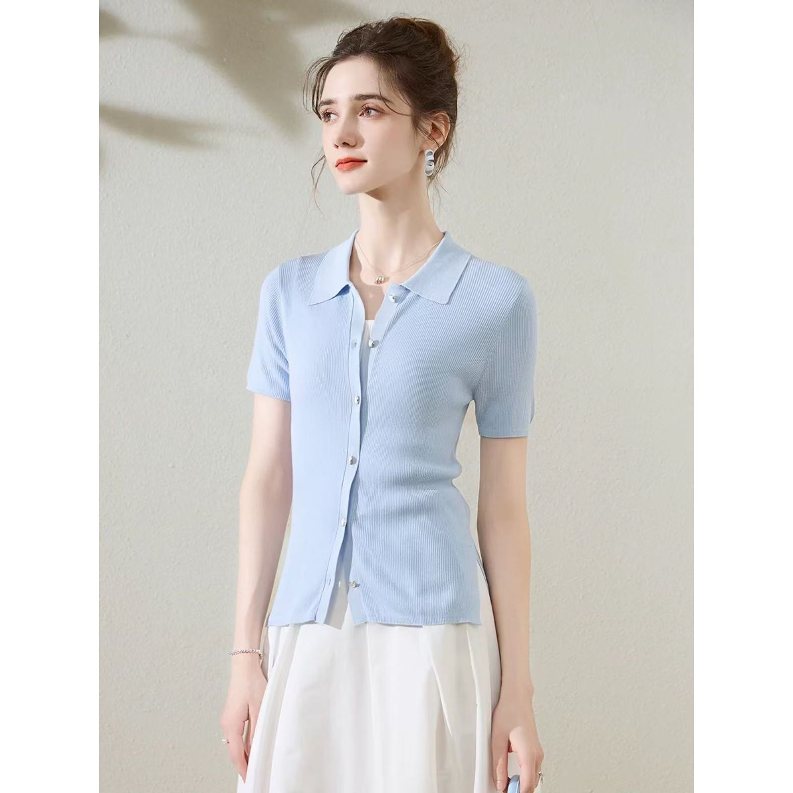 桑蚕丝莱赛尔天丝POLO领短袖女式真开衫25DAK0531