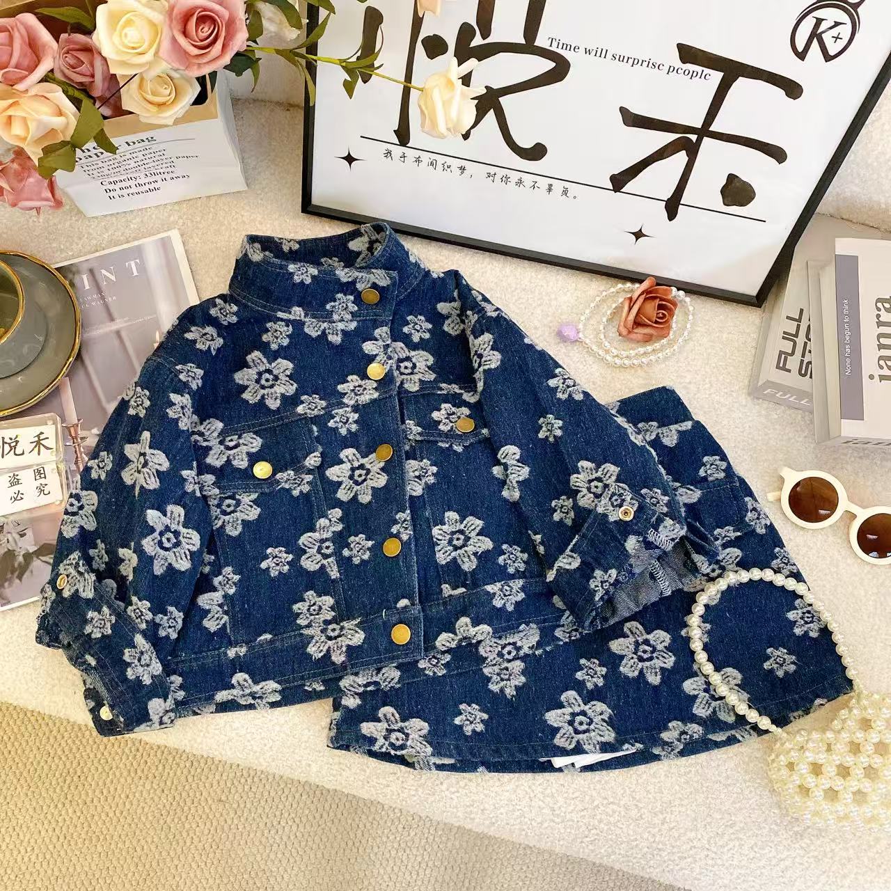 T3【悦禾】秋款上新短裙蓝色小花牛仔秋季设计感儿童女宝套装7790