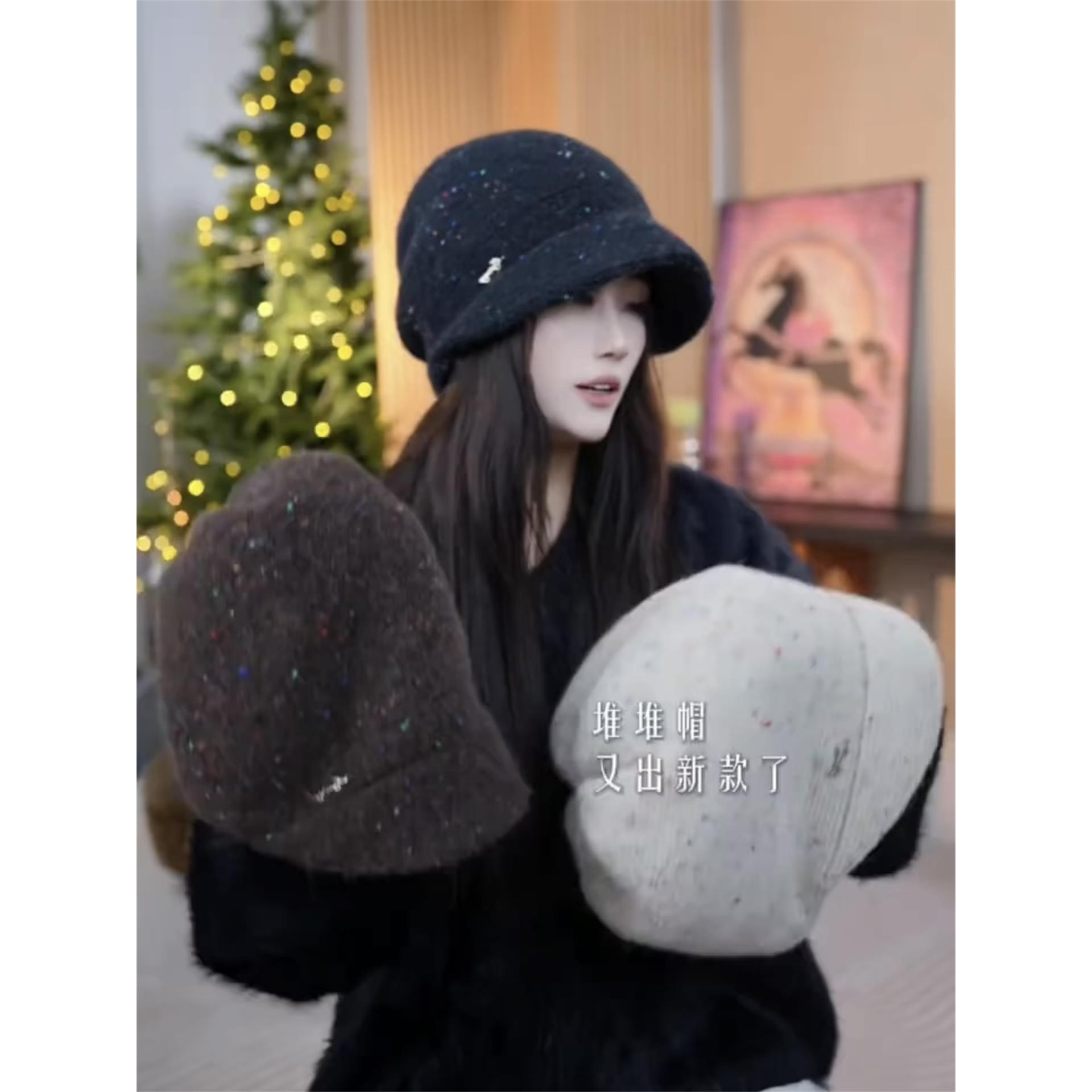 秋冬新款带帽檐双层保暖针织堆堆帽女韩版户外休闲时尚显脸小百搭