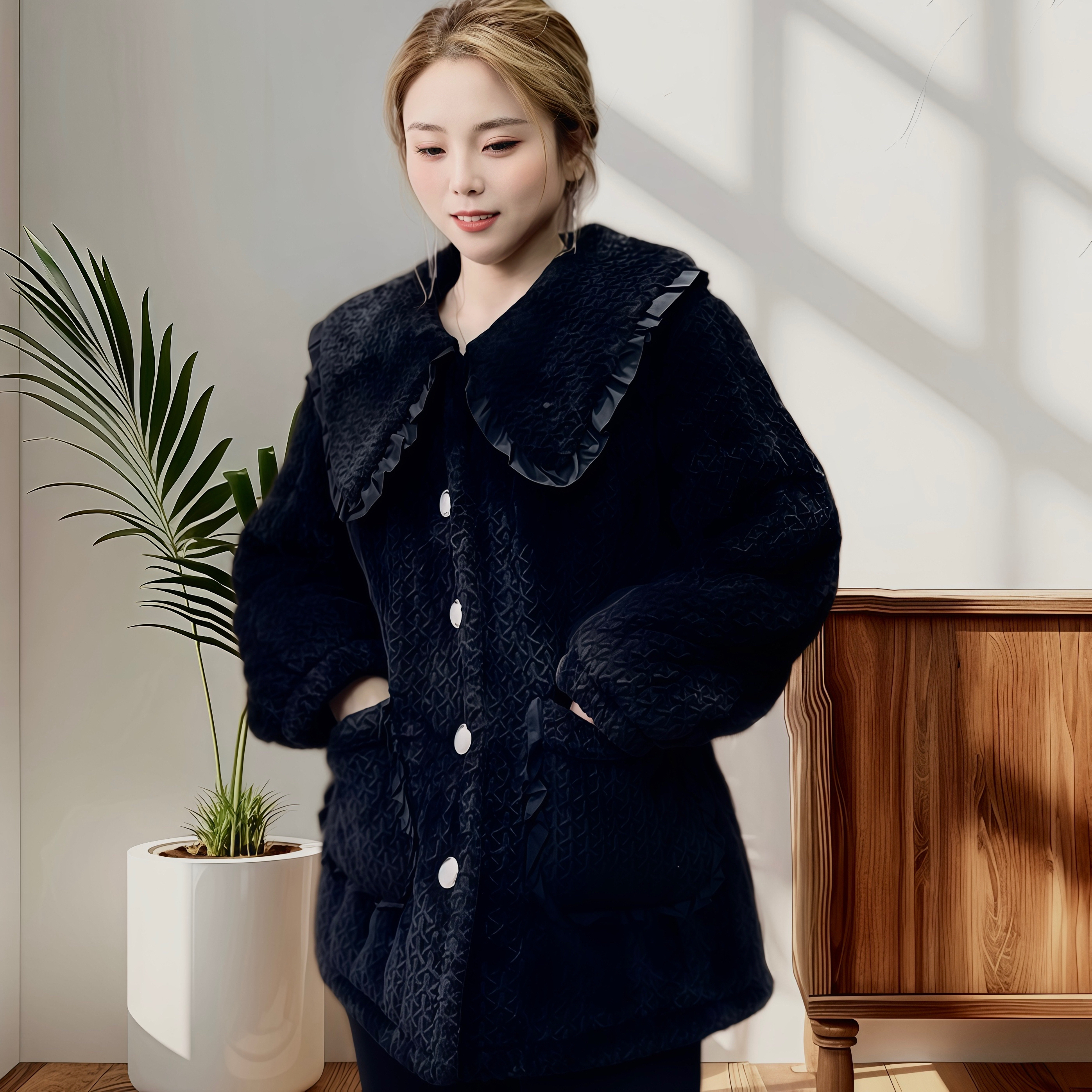 冬季新款女士绗绣浮雕绒睡衣三层加绒加厚香风时尚家居服套装外穿