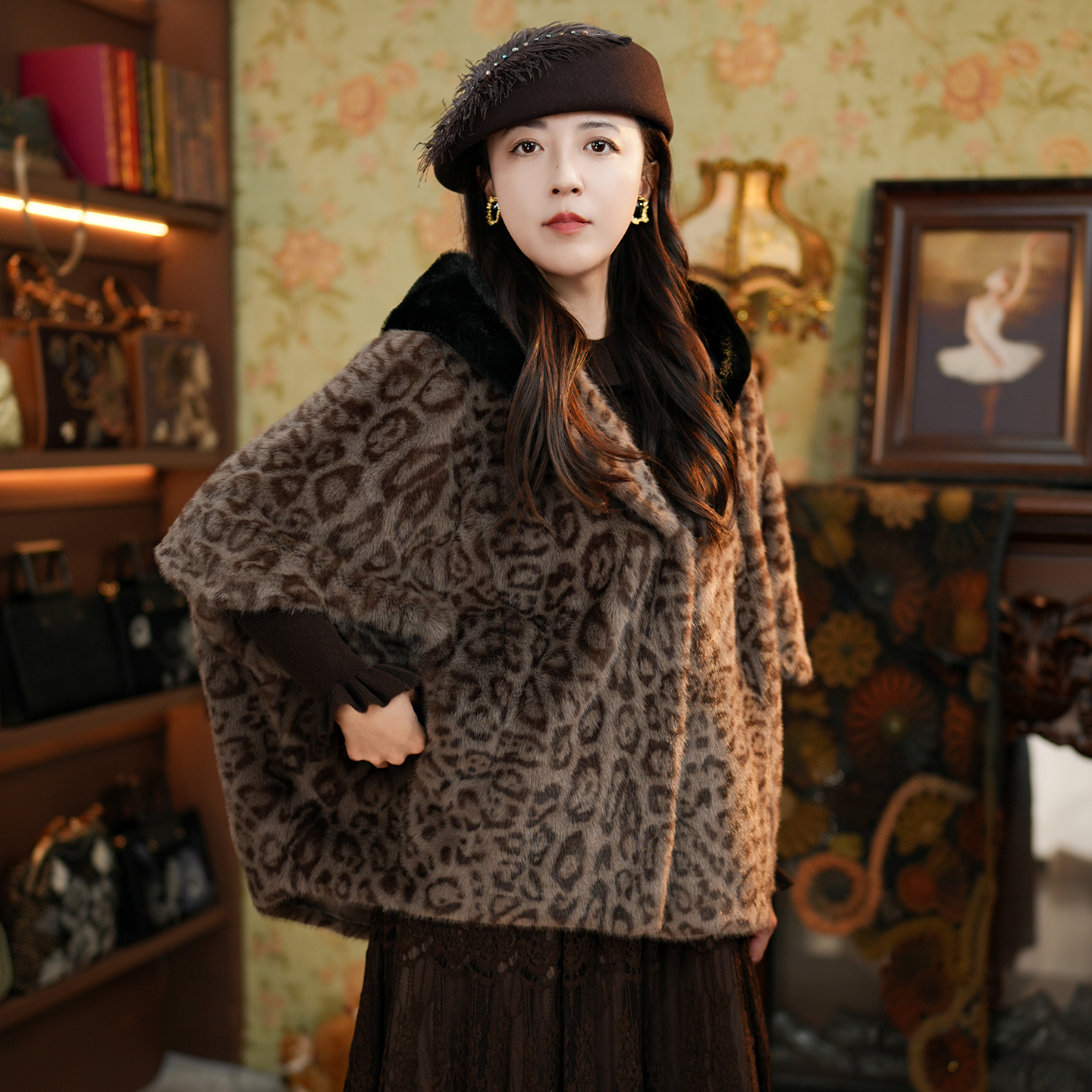 人造皮草 豹纹斗篷 2025秋冬新款环保毛仿貂斗篷出游连帽欧美外套