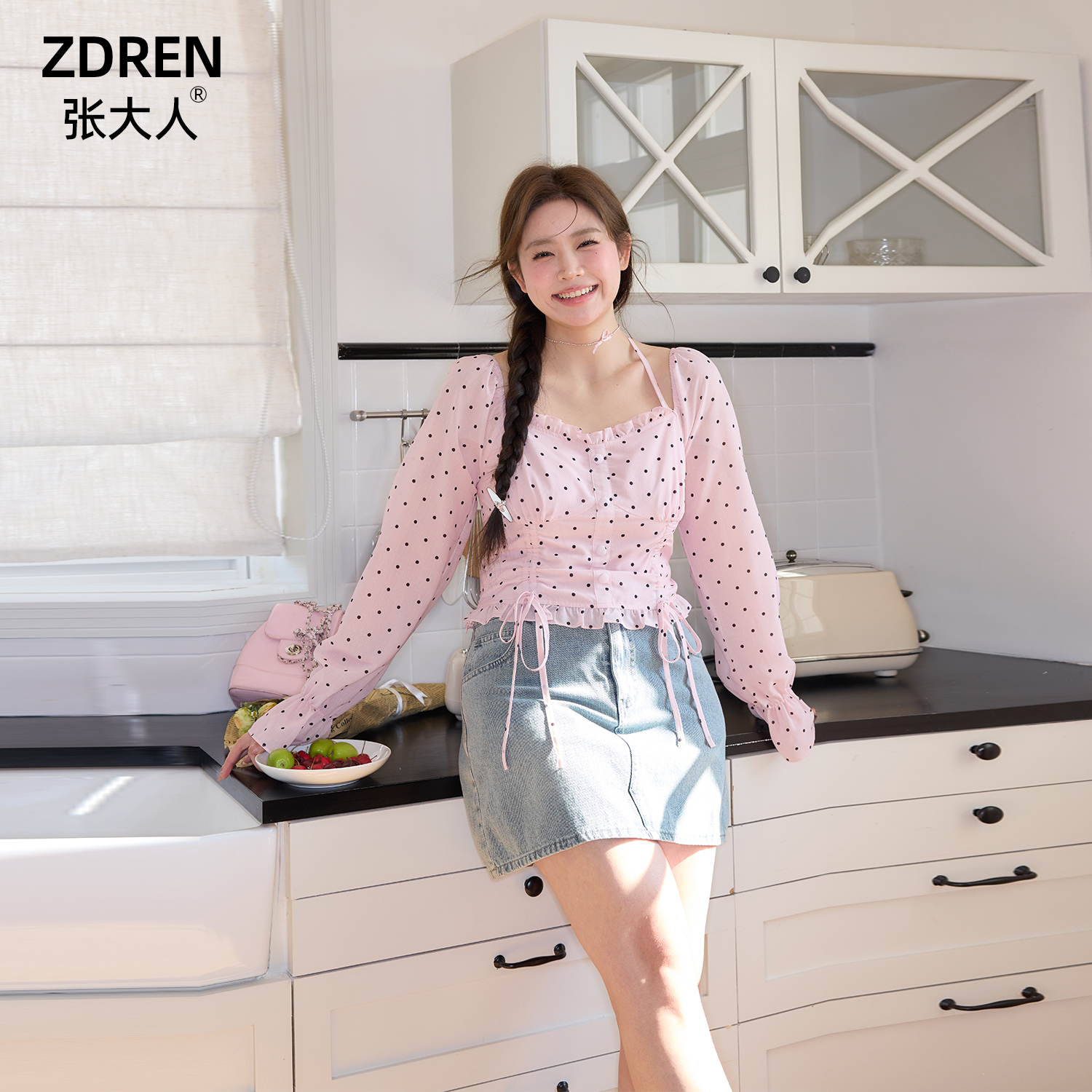 芋泥弹【心动返航】大码女装微胖妹妹温柔绑带花边波点衬衫牛仔半裙