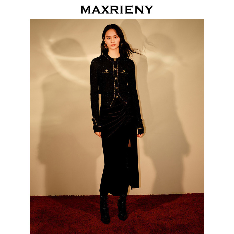 【林一专属】MAXRIENY开叉丝绒半裙鱼尾抽褶包臀裙子显瘦长款冬季