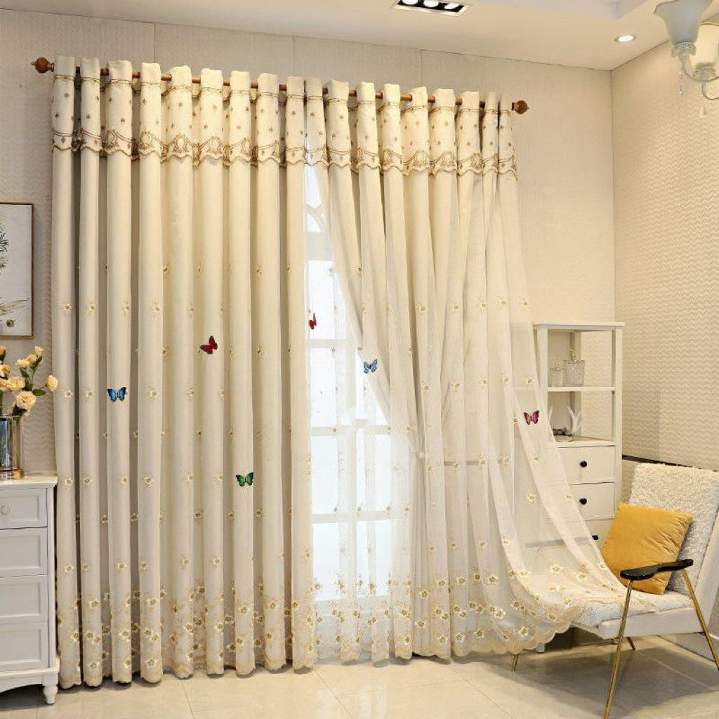 加厚双层布纱一体自带帘头遮光窗帘客厅卧室飘窗成品定制