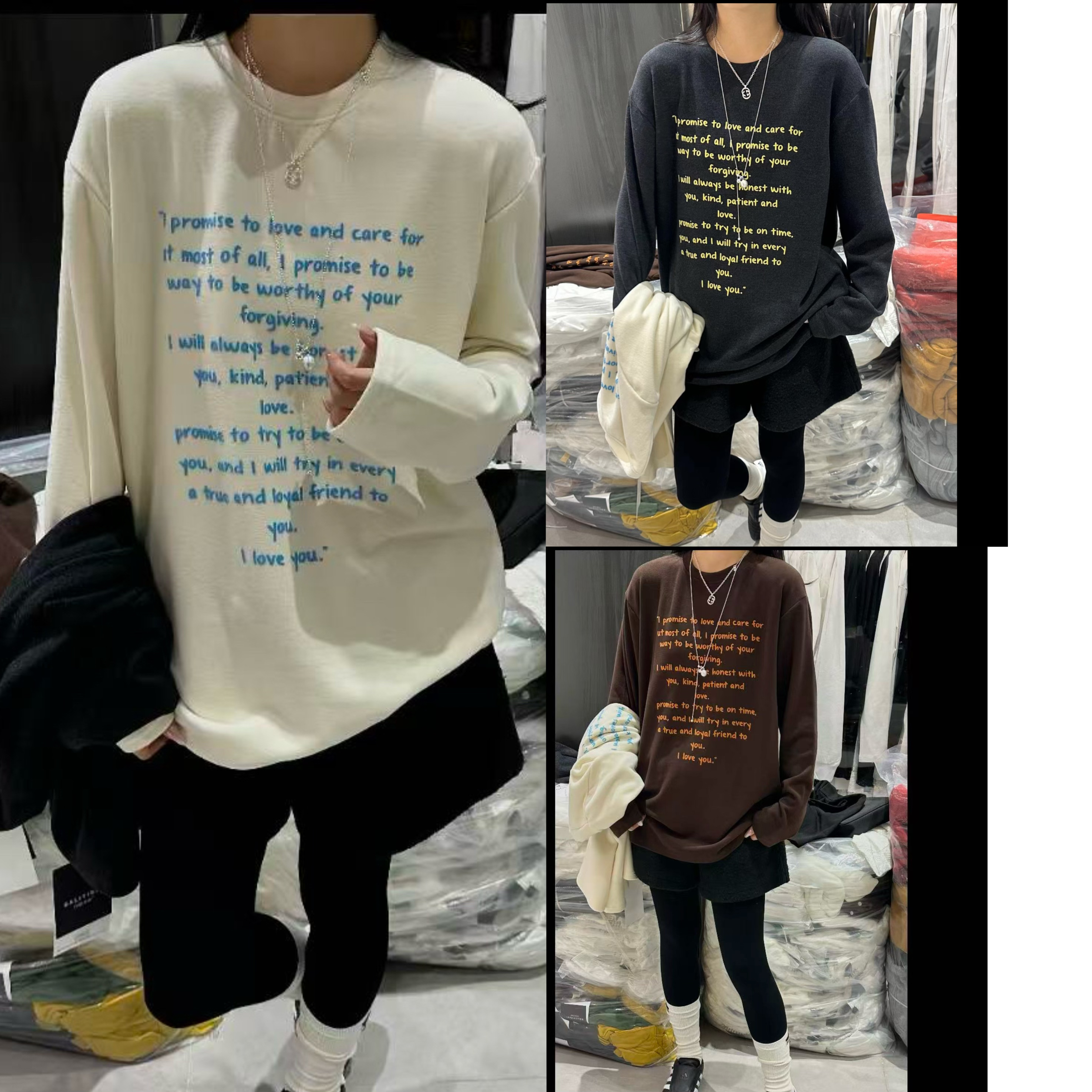 【小虹虹商贸】2025冬季新款韩版字母大版双面德绒长袖T恤